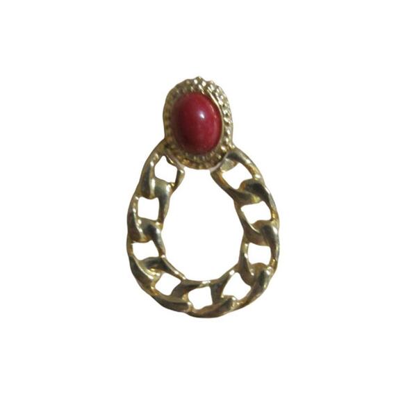 Gold Chain Hoop Statement Earrings Red Cabochon Clip-On Retro 80s - Picture 6 of 7